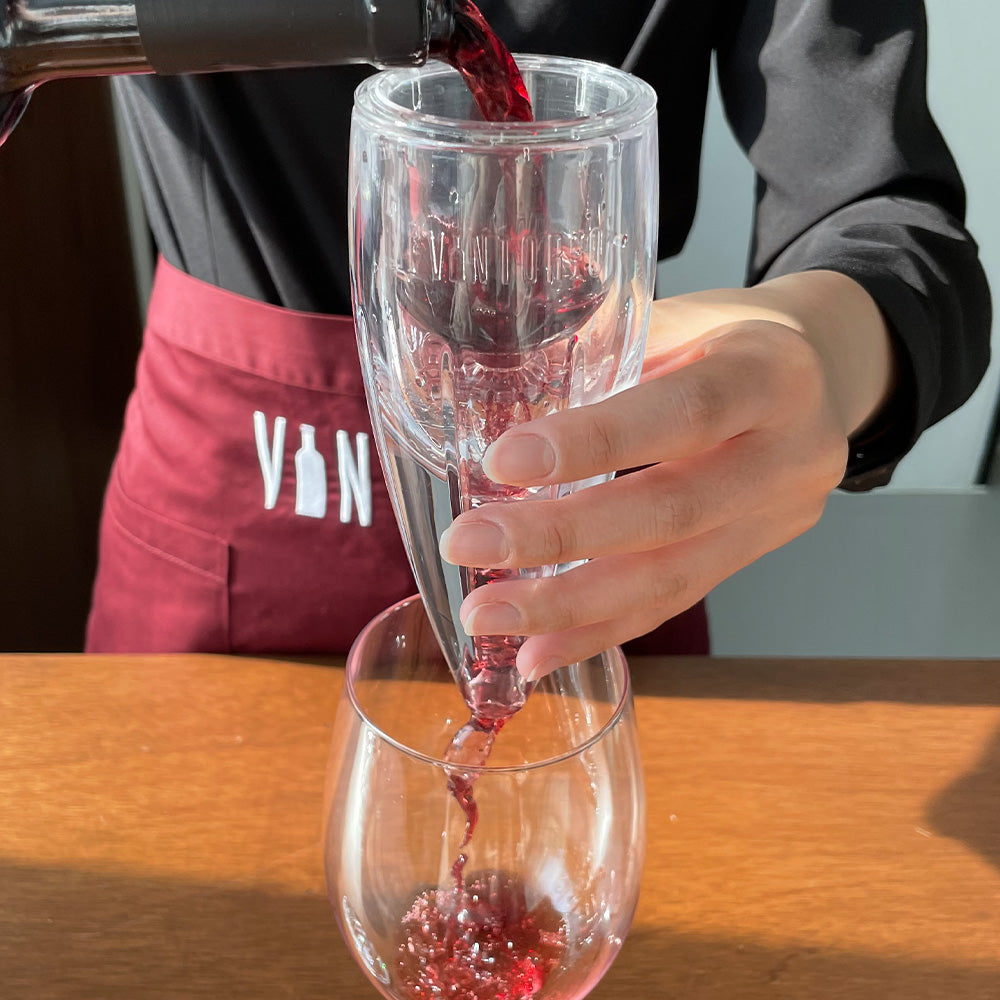 Vintorio Wine Aerator Omni Edition with Red Wine Bottle Poured over Wine Glass