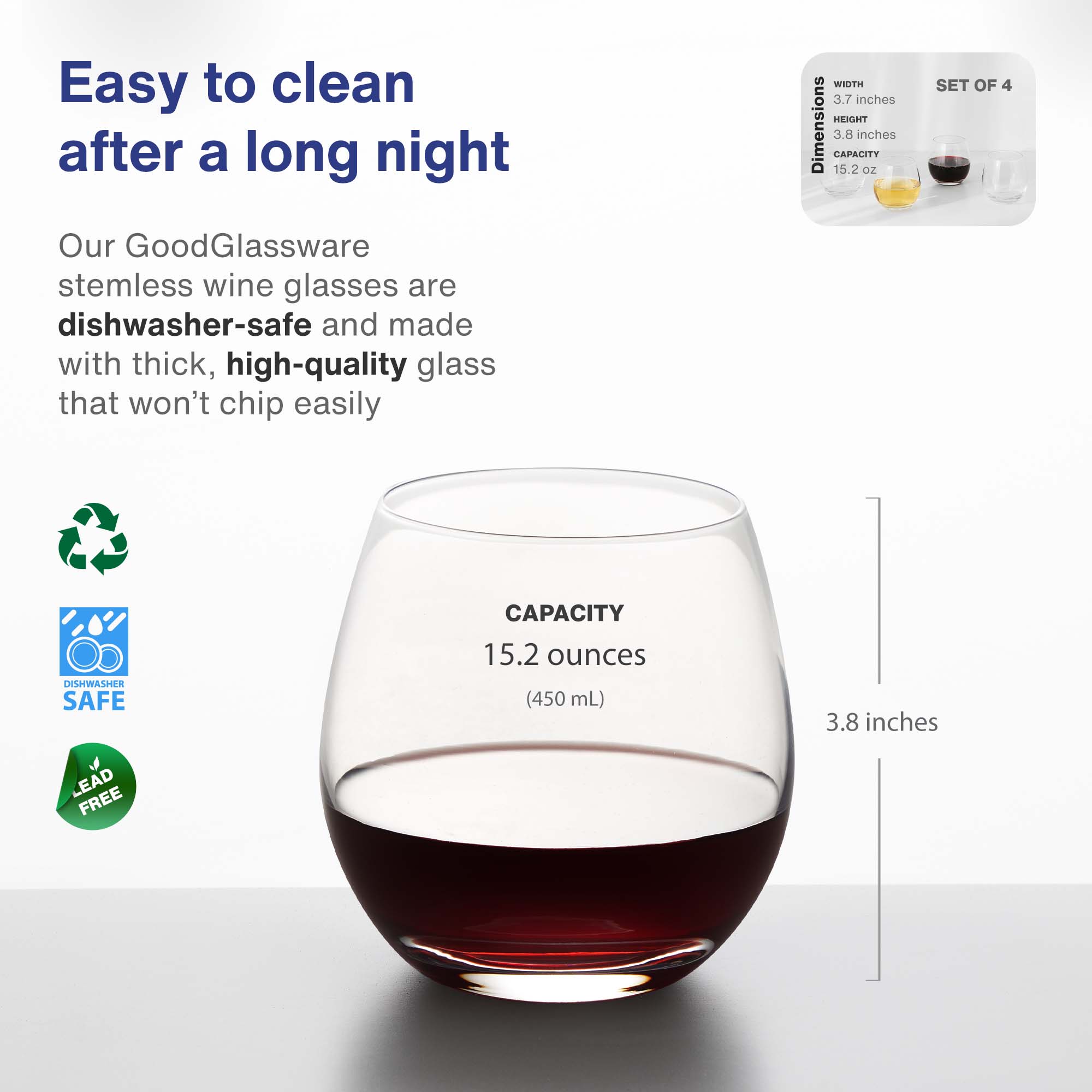GoodGlassware Stemless Wine Glasses (Set of 4)