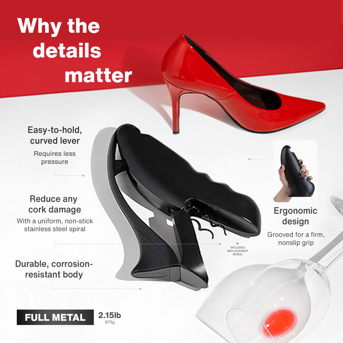 Stiletto Wine Opener by Vintorio - Steel Vertical Lever Corkscrew with Metal Body and Extra Spiral