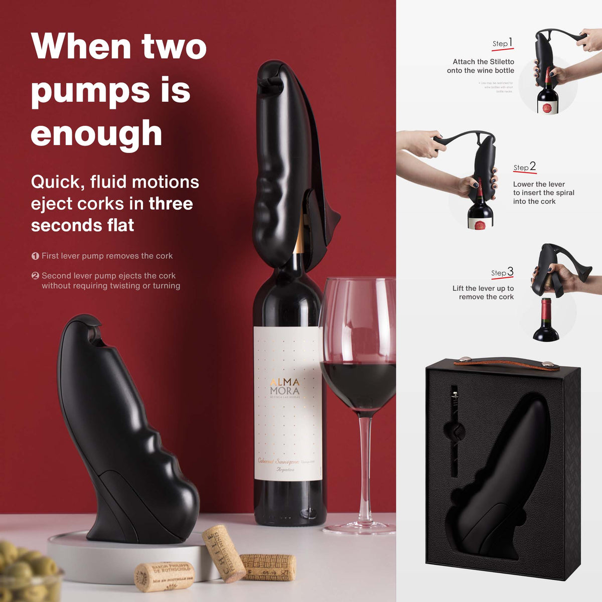 Stiletto Wine Opener by Vintorio - Steel Vertical Lever Corkscrew with Metal Body and Extra Spiral