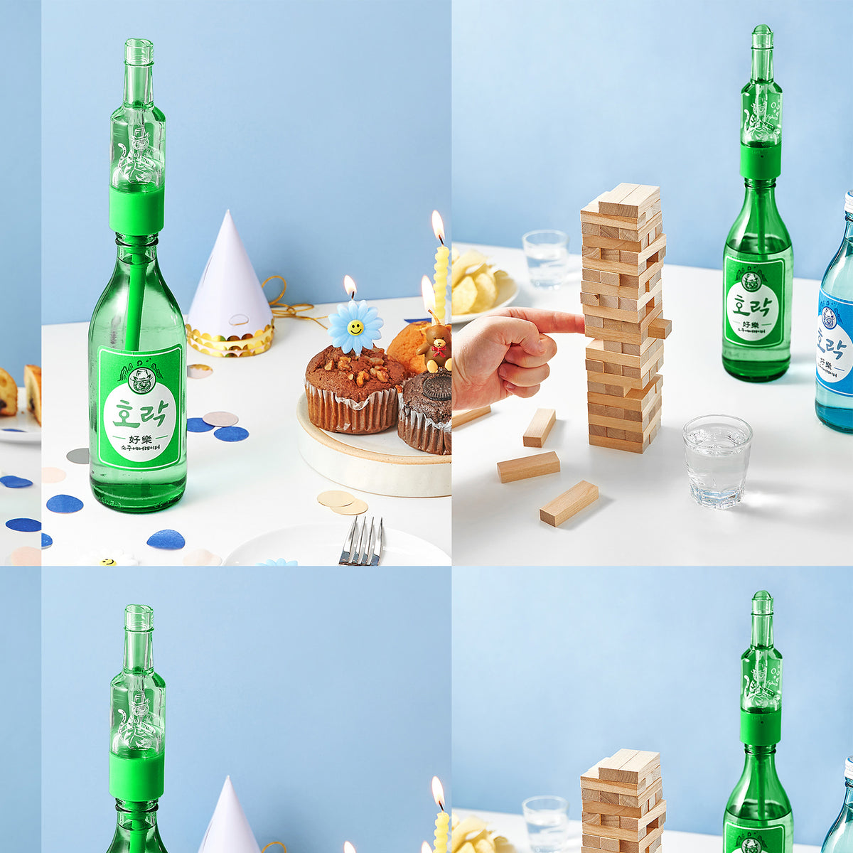 Celebrating a Birthday with the Korean Horak Soju Liquor Aerator Pourer, Cupcakes, Jenga, Shot Glasses, and Birthday Hats