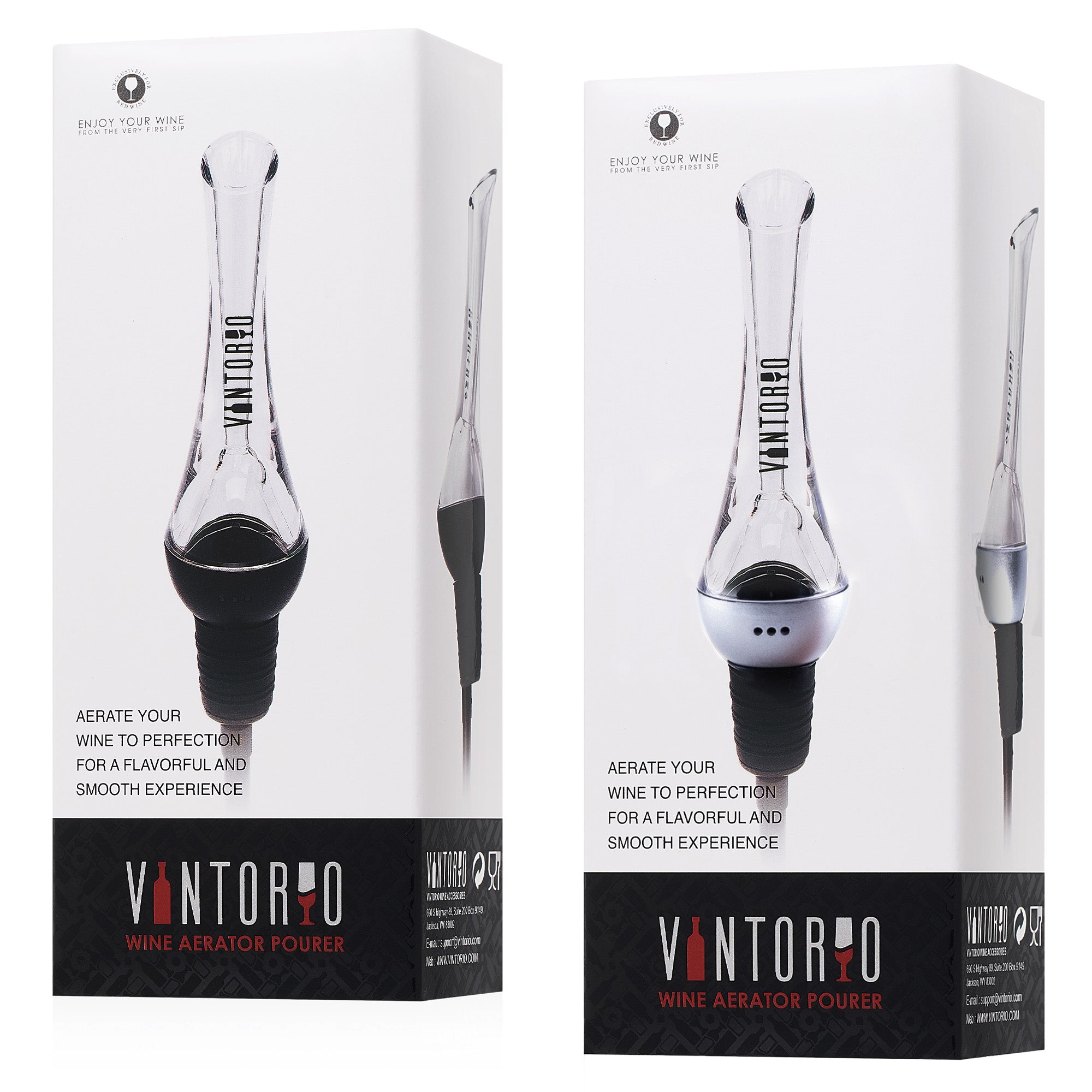 Vintorio Wine Aerator Pourer Bundle (2 Pack, Silver and Black)