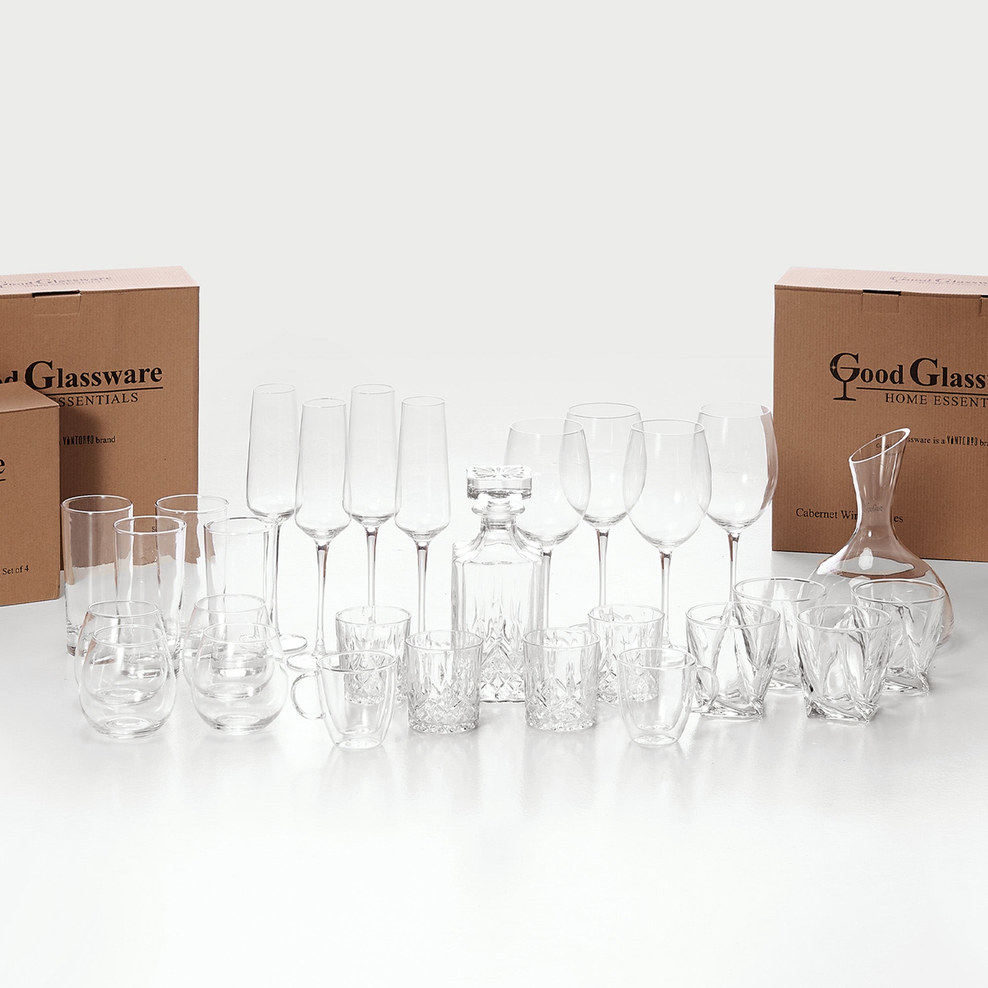 GoodGlassware Whiskey Decanter and Glasses (5 Piece Set) – Elegant Liquor Carafe with Ornate Solid Glass Stopper and 4 Matching Whisky Tumblers - Lead
